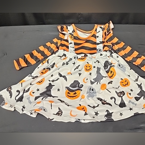 Size 9-12 Months Baby Girl Halloween Dress Bats Witches Pumpkins Striped - Picture 2 of 5